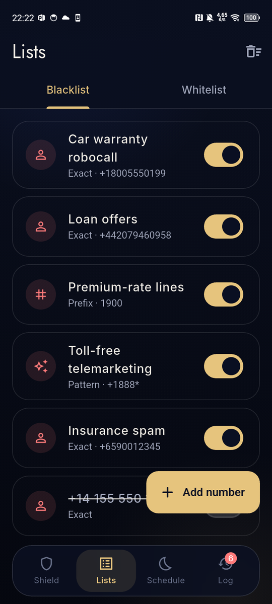 Call Blocker blacklist and whitelist