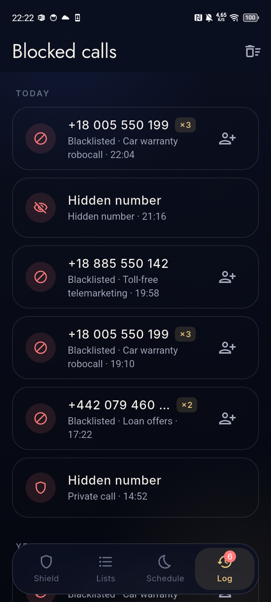 Call Blocker blocked calls log